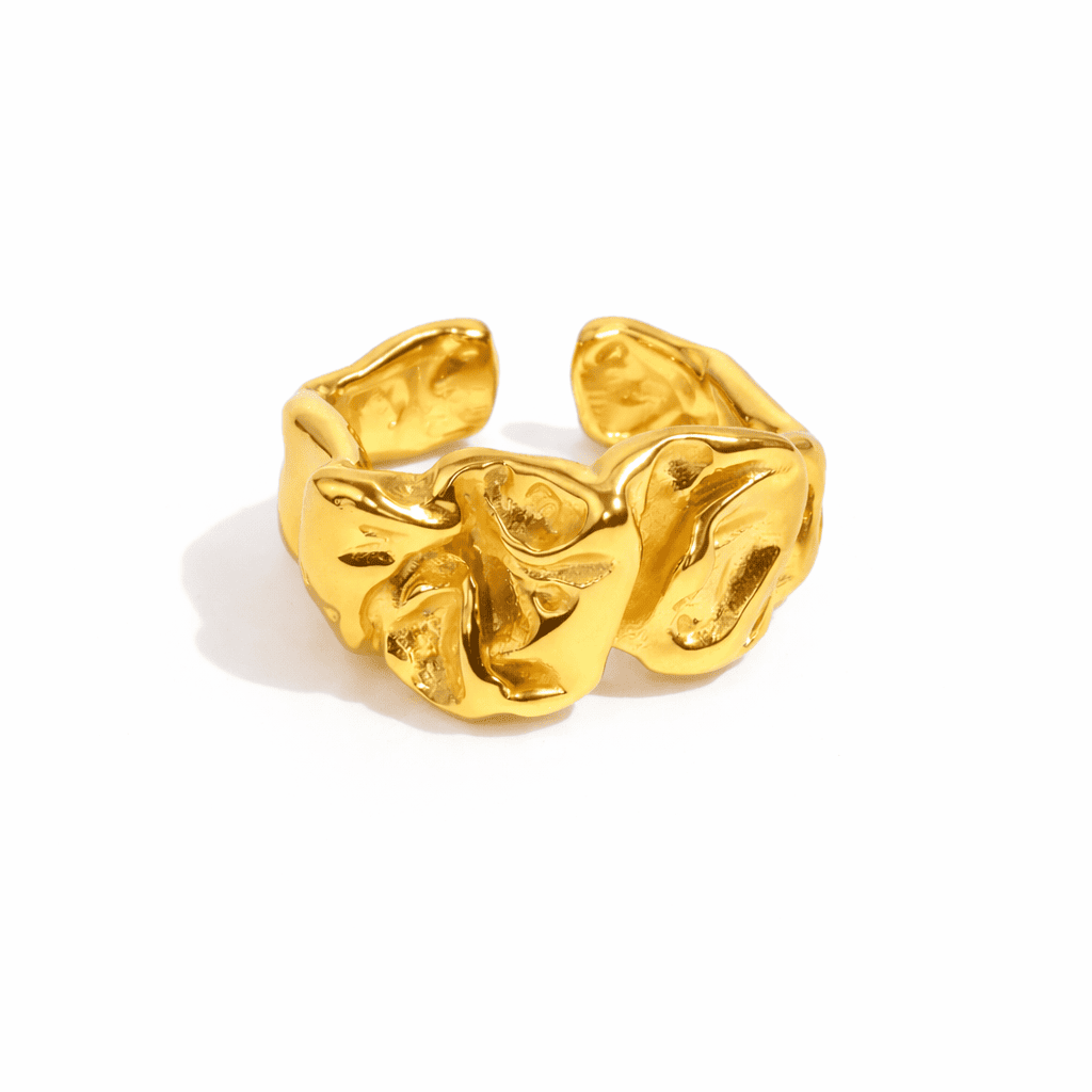 organic gold statement ring with sculptural molten texture
