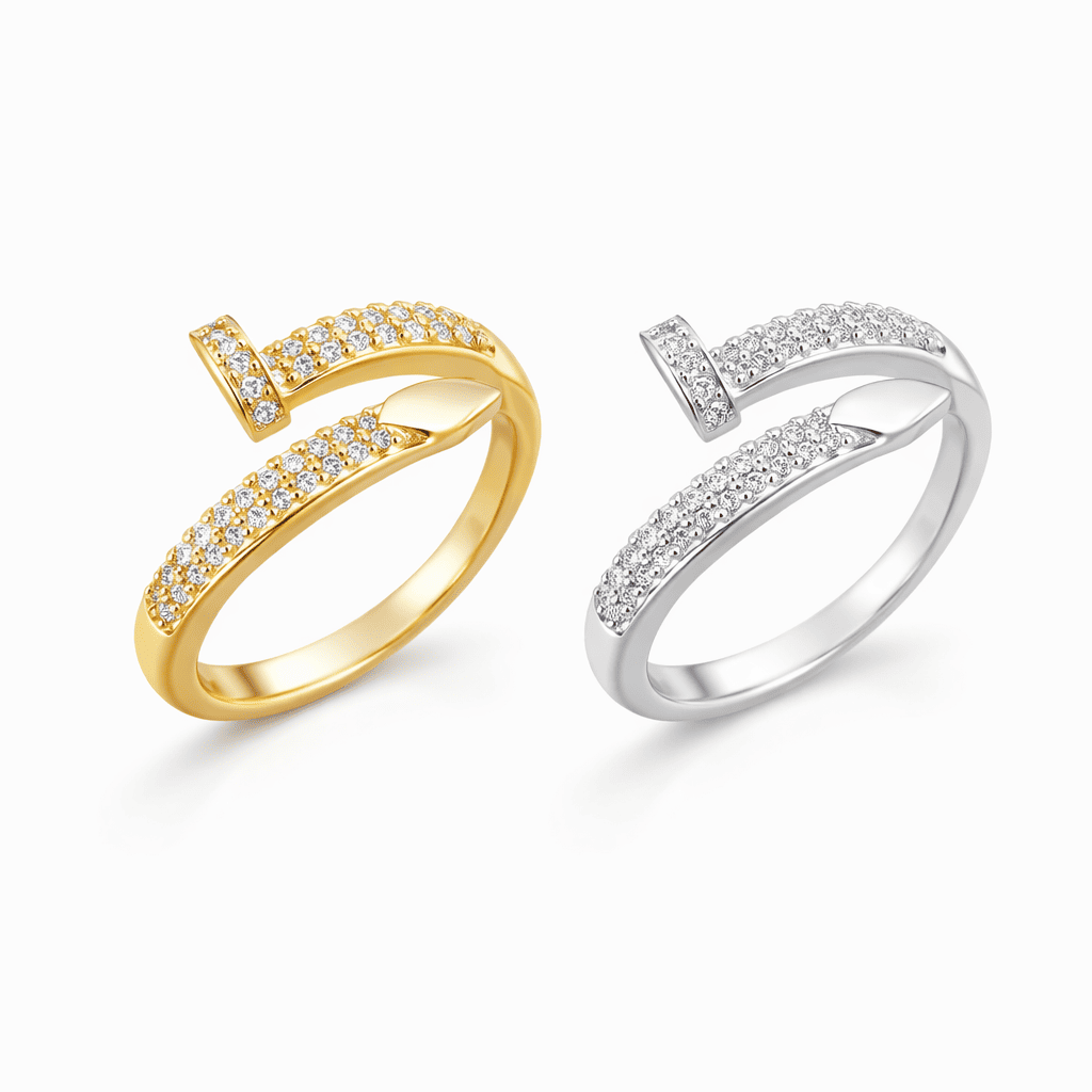Open crystal ring available in gold and silver finish with pavé detailing
