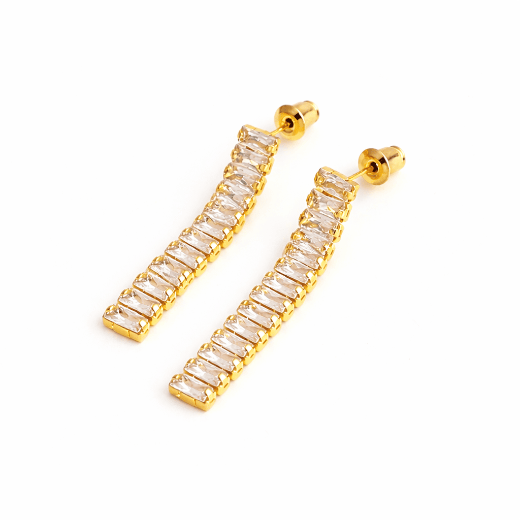 Gold crystal bar earrings with clear stone detailing
