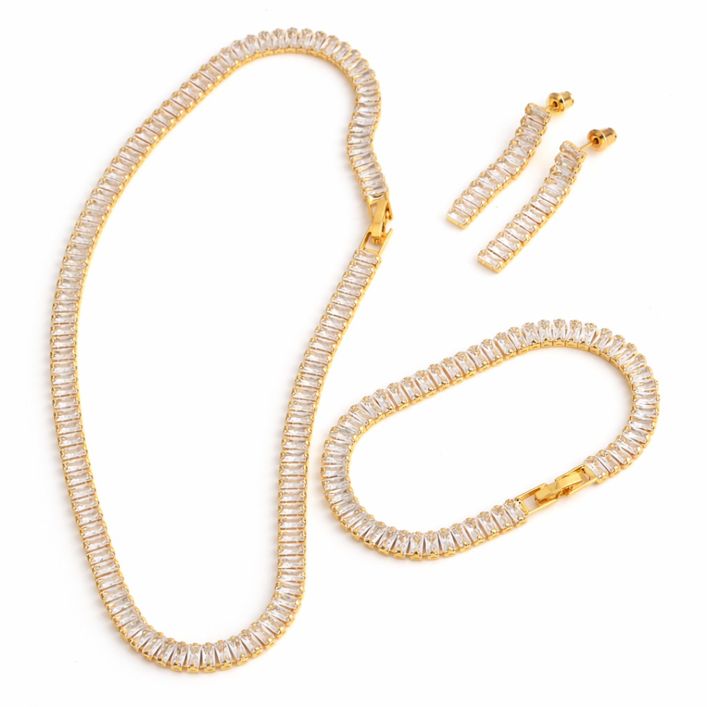 Gold crystal necklace, bracelet and earrings jewelry set
