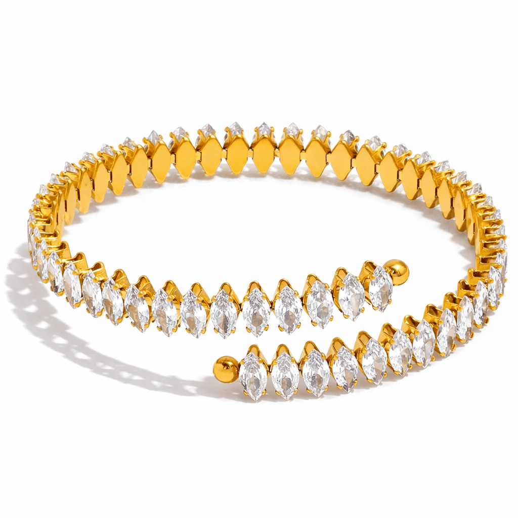 Gold crystal open bangle with marquise-cut stones
