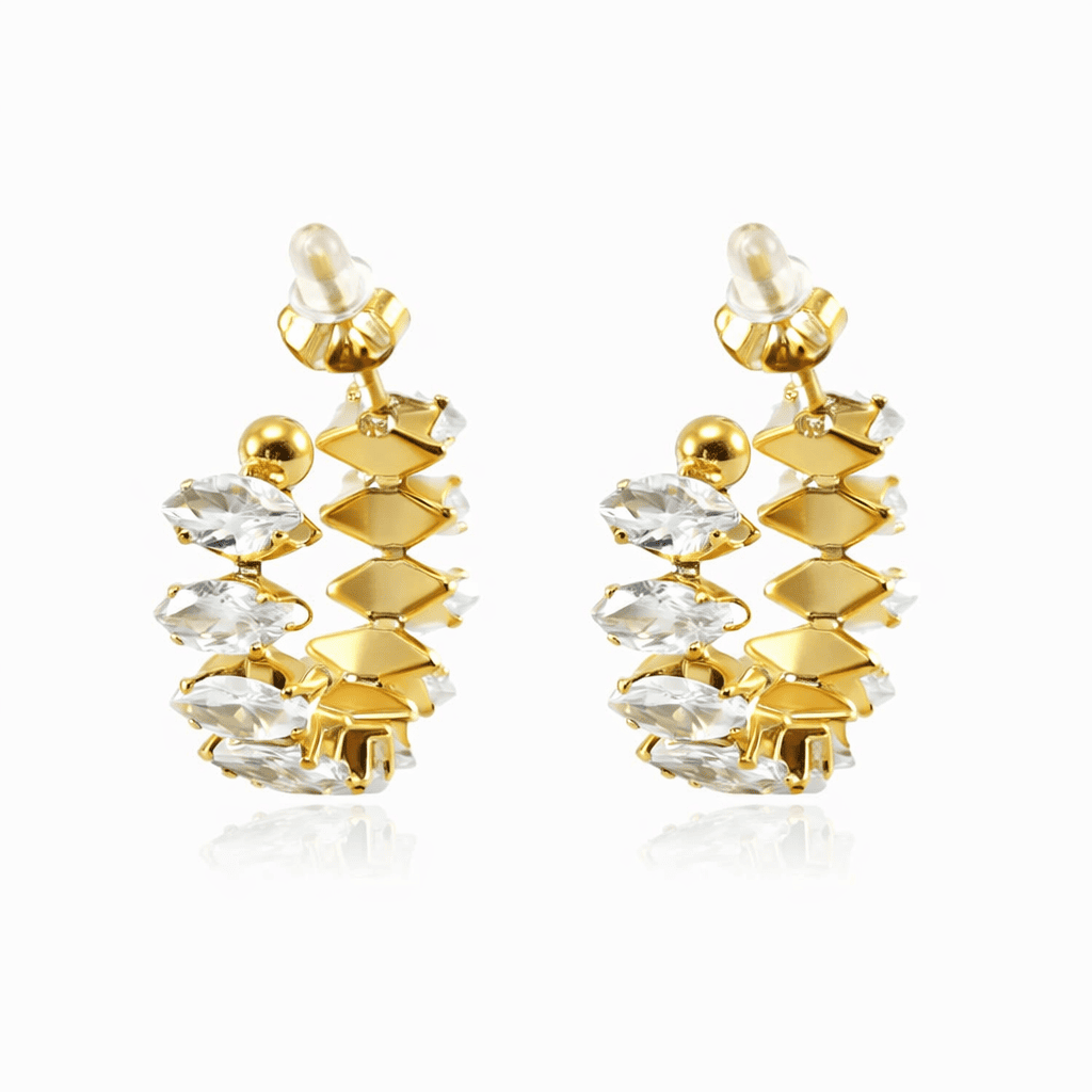 Gold hoop earrings featuring marquise-shaped clear crystal stones

