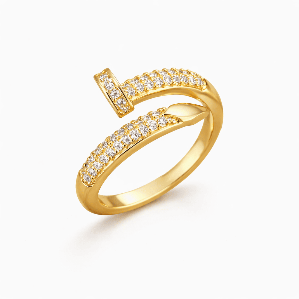 Gold open ring with pavé-set clear crystals in a modern design
