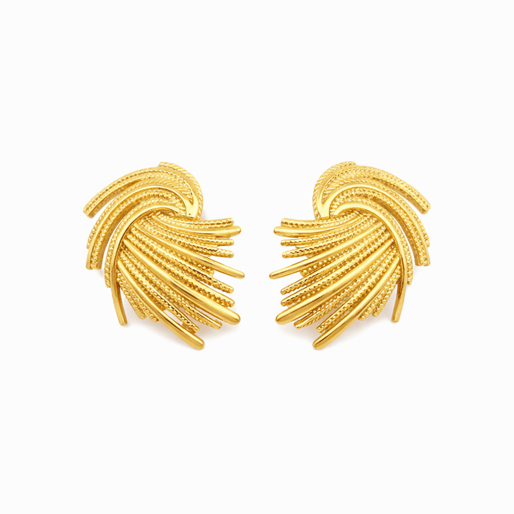 Gold statement earrings with textured fan-shaped design
