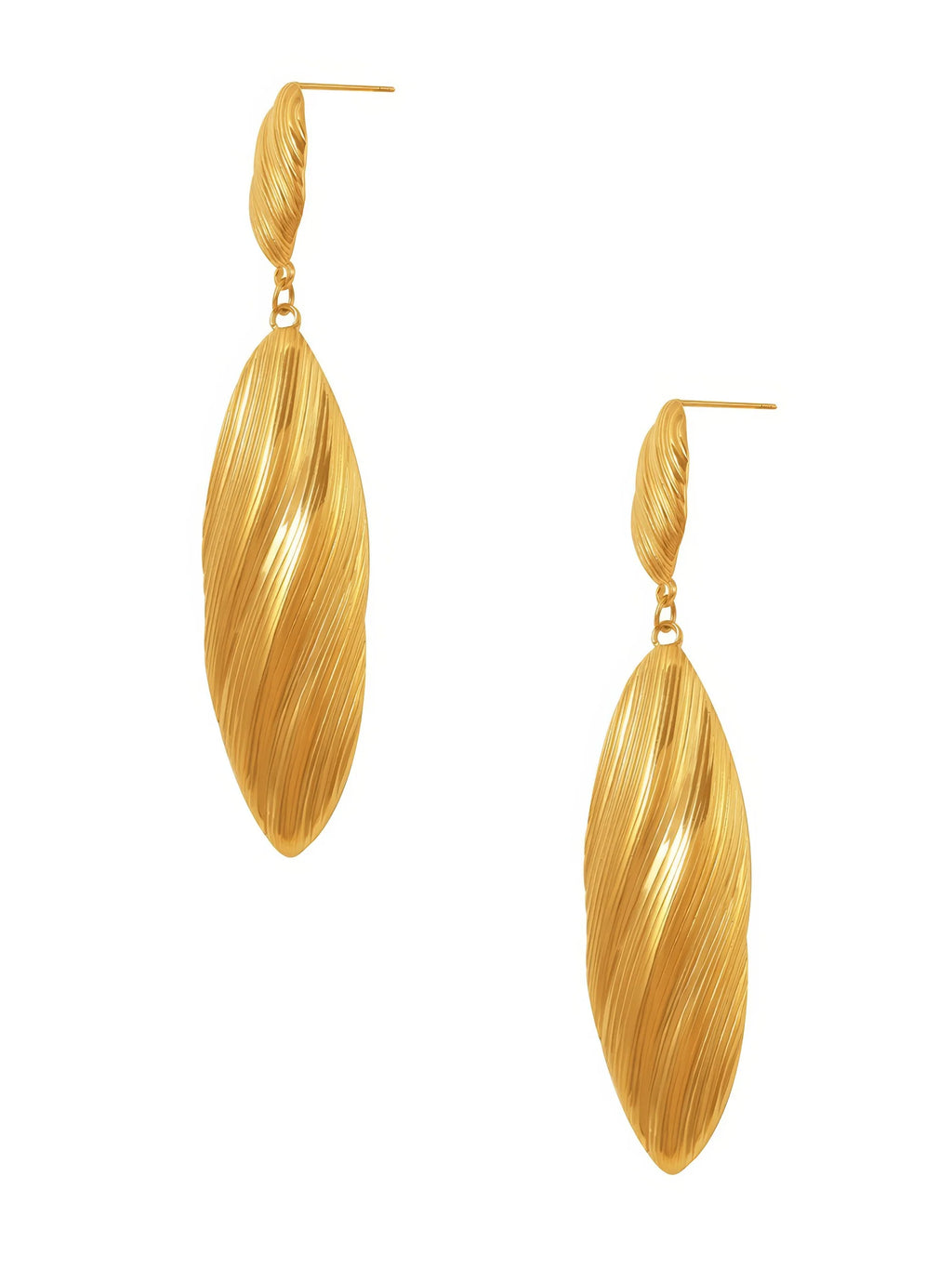 Gold drop earrings with elongated leaf-shaped textured design

