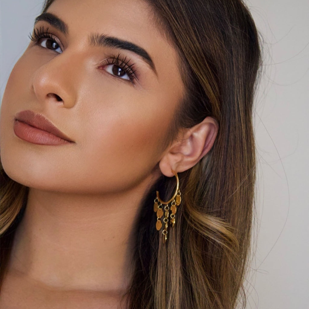 Gold Coin Charm Hoop Earrings