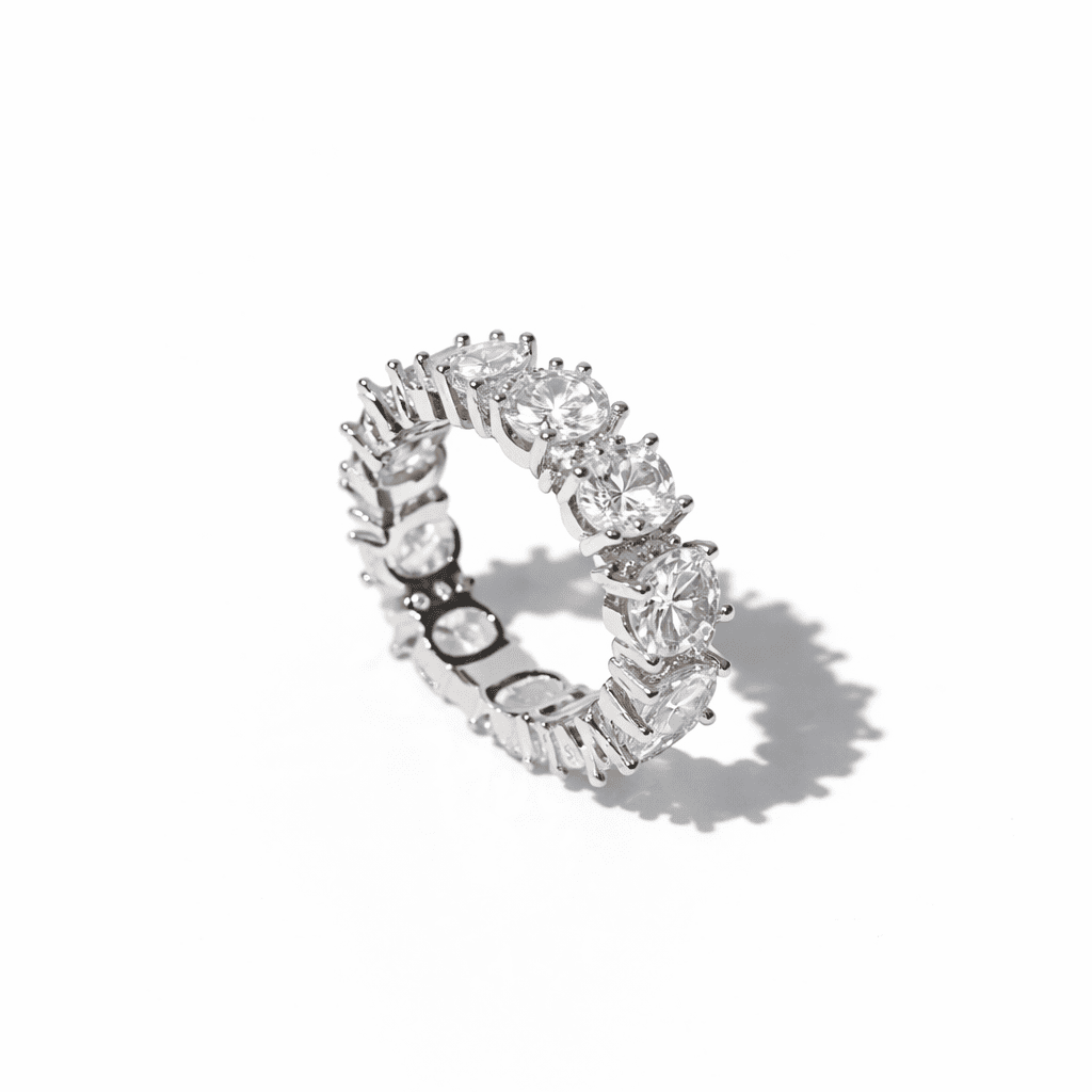 Silver crystal eternity ring with round clear stones
