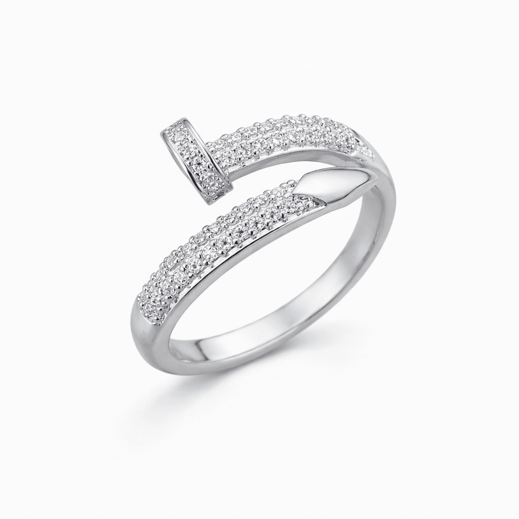 Silver open ring featuring pavé-set clear crystal stones
